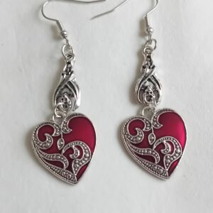 Gothic red and silver coloured pendant heart earring