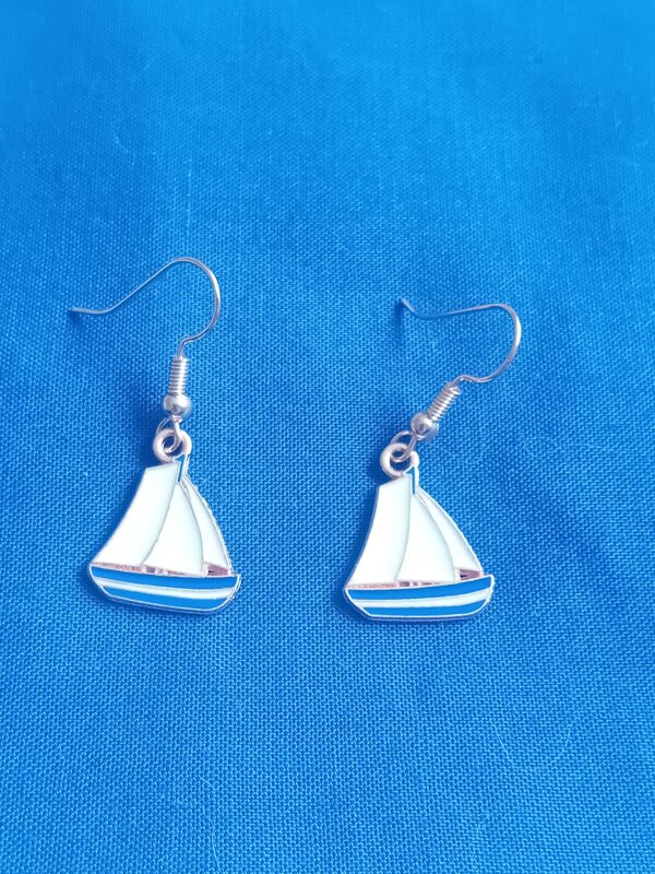 Seaside summer blue and white sail boat yacht earrings