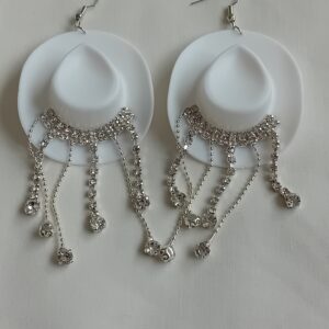 White cowboy hat earrings with diamante hanging strings