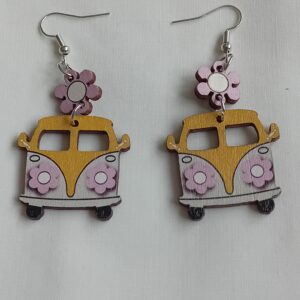 Wooden hanging yellow and white campervan earrings