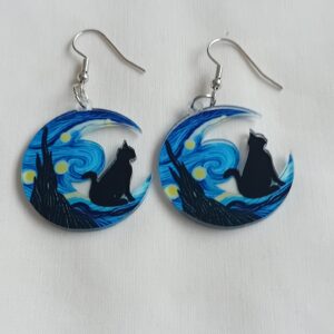 Vincent Van Gogh Starry Night image crescent earrings with black cat