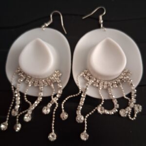 White Cowboy Hat Earrings with Diamante Hanging Strings — Sparkly Western‑Style Jewellery