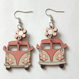 Wooden Campervan Earrings – Yellow & White or Pink & White Hanging Jewellery
