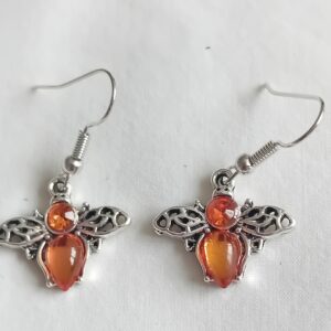 Silver coloured Bee Earrings — Delightful Design with Amber coloured Stone Body