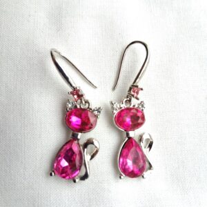 Silver Pink Crystal Cat Earrings – Cute Sparkling Feline Jewellery