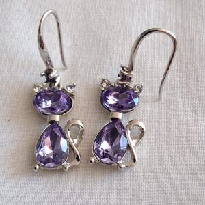 Silver Purple Crystal Cat Earrings – Sparkling Feline Jewellery