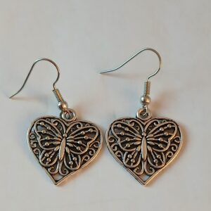 Gothic Silver Heart Earrings with Inlaid Butterfly Design