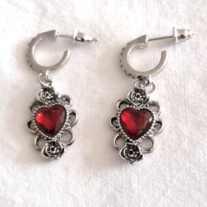 Silver Hoop Earrings with Red Jewelled Heart