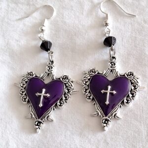 Beautiful purple and silver coloured gothic heart earrings