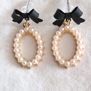 Little Black Bow & Pearl Oval Drop Earrings | Elegant Chic Accessory