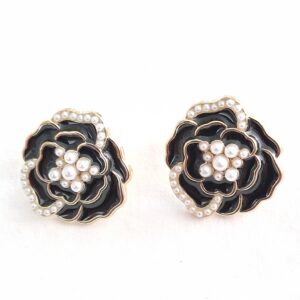 Black Enamel Rose Stud Earrings with Pearl‑Like Decoration | Elegant Floral Jewellery