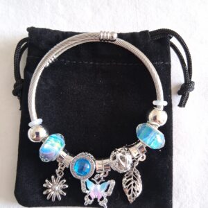 Blue and Silver Charm Bracelet – Butterfly, Flower & Leaf Dangle Charms