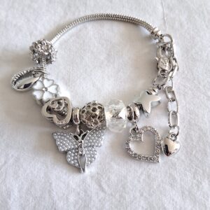 Silver Charm Bracelet with Heart, Butterfly & White Flower | Elegant Women’s Jewellery