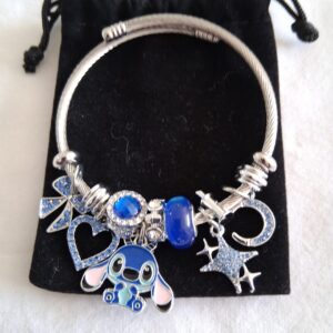 Silver Charm Bracelet with Blue Heart, Star, Bow & Stitch – Lilo & Stitch Jewellery