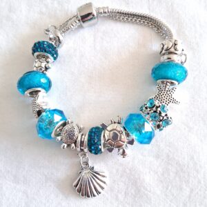 Bright Blue & Silver Charm Bracelet with Shell & Turtle Charms