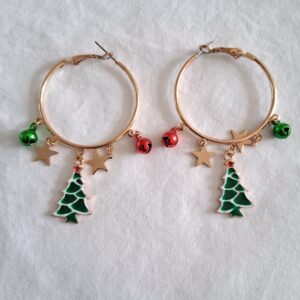 Gold coloured hoop with festive hanging Christmas tree, star and mini baubles