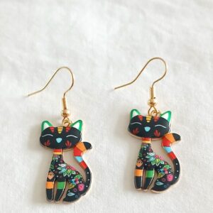 Multicoloured Enamel Hanging Cat Earrings – Cute Colourful Cat Dangle Jewellery