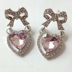 Silver Heart-Shaped Diamante & Pink Stone Earrings | Elegant Sparkle Jewelry