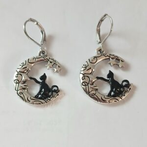 Gothic silver coloured crescent moon earrings with black cat