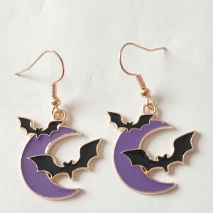 Frightfully fun gothic halloween purple crescent moon earrings with black bats