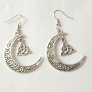 Silver coloured filigree crescent moon earrings with Celtic symbol