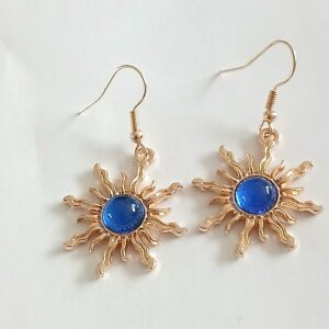 Stunning gold coloured sunshine earrings with blue crystal circular centre
