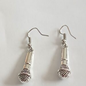 Hilarious Silver Coloured Microphone Hanging Earrings – Fun Novelty Music Jewellery