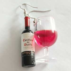 Hilarious bottle of red wine Casillero de Diablo and glass half full earrings