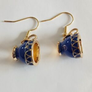Blue and Gold Teacup Earrings – Charming Hanging Tea-Inspired Jewelry