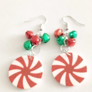 Christmas festive hanging earrings red & white candy cane circle & green & red bells